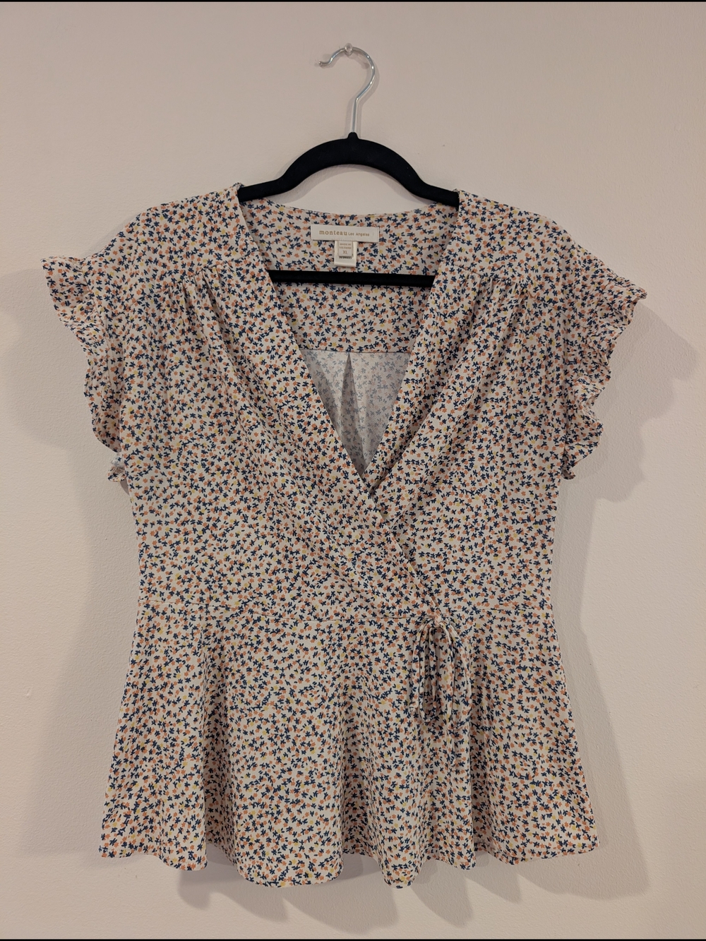 Monteau Cream Floral Wrap Peplum Blouse with Blue & Tan Print